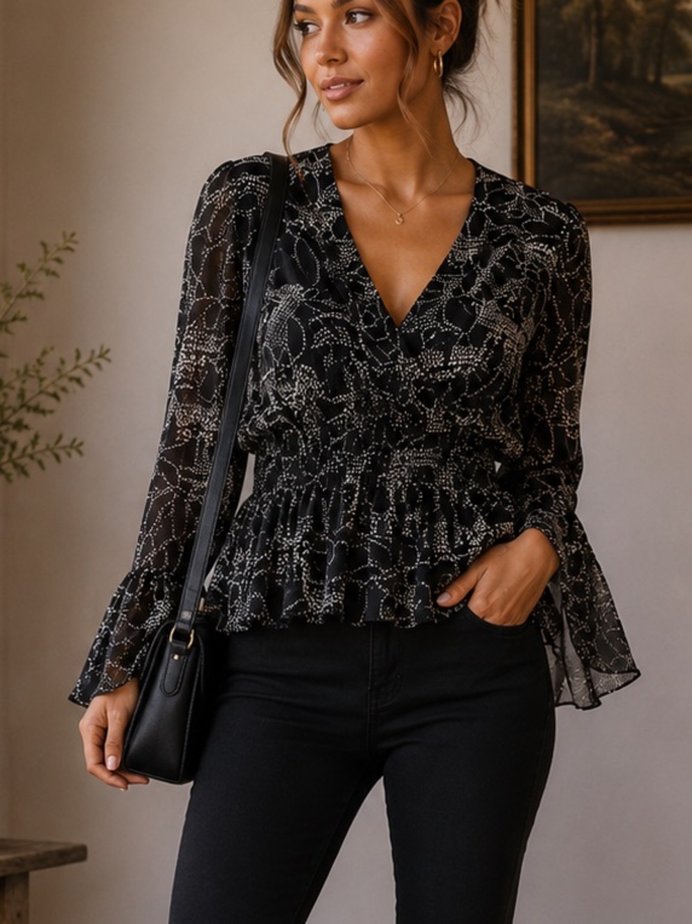Bisou Bisou Black and White Printed Blouse